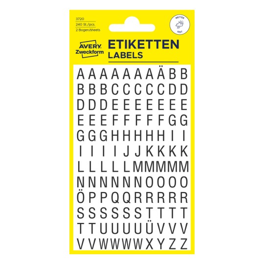 Förpackningsbild: Avery Zweckform bokstäver och siffror, Artikel: 3720, Format: 85 x 160 mm, Innehåll: 240 klistermärken / 2 ark, 120 klistermärken/ark?