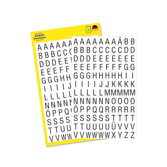 Förpackningsbild med etikettark: Avery Zweckform bokstavsetiketter, Artikel: 3720, Format: 85 x 160 mm, Innehåll: 240 klistermärken / 2 ark, 120 klistermärken/ark?