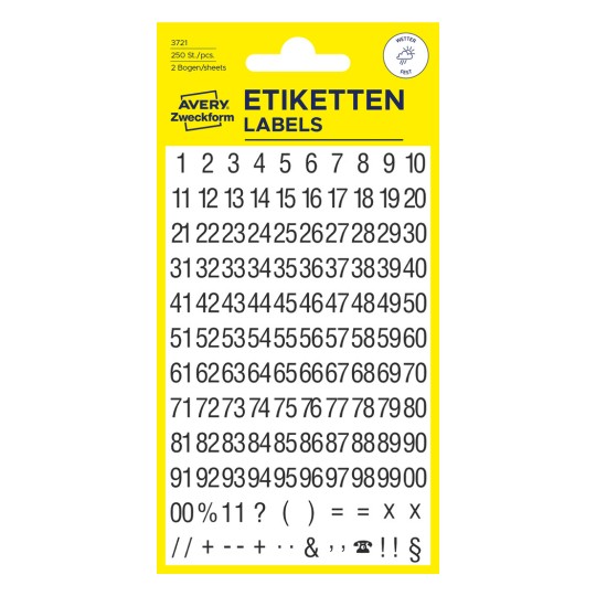 Förpackningsbild: Avery Zweckform bokstäver och siffror, Artikel: 3721, Format: 85 x 160 mm, Innehåll: 250 klistermärken / 2 ark, 125 klistermärken/ark