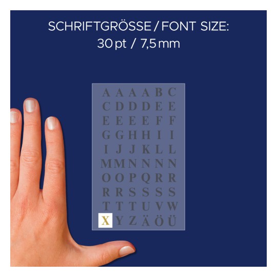 Storleksjämförelse med hand, artikel: 3727, ett ark bokstavsetiketter, format: 85 x 160 mm, färg: guld.