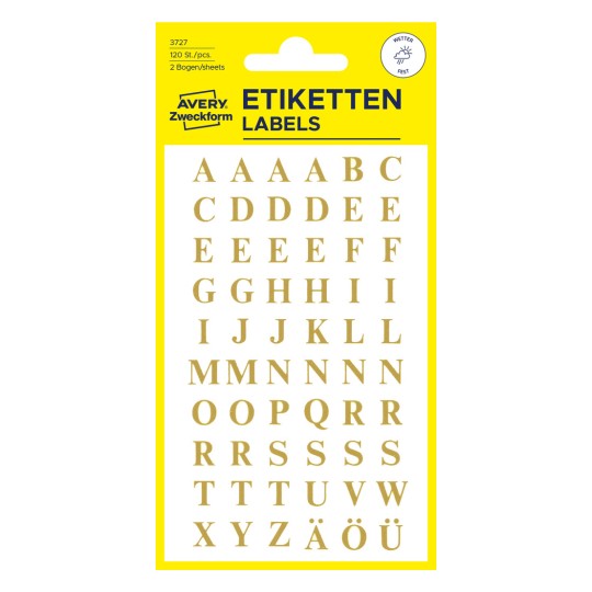 Förpackningsbild: Avery Zweckform Bokstäver och siffror, Artikel: 3727, Format: 85 x 160 mm, Innehåll: 120 klistermärken / 2 ark, 60 klistermärken/ark
