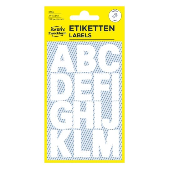 Förpackningsbild: Avery Zweckform bokstäver och siffror, artikel: 3786, format: 85 x 160 mm, innehåll: 28 klistermärken / 2 ark, 14 klistermärken/ark?