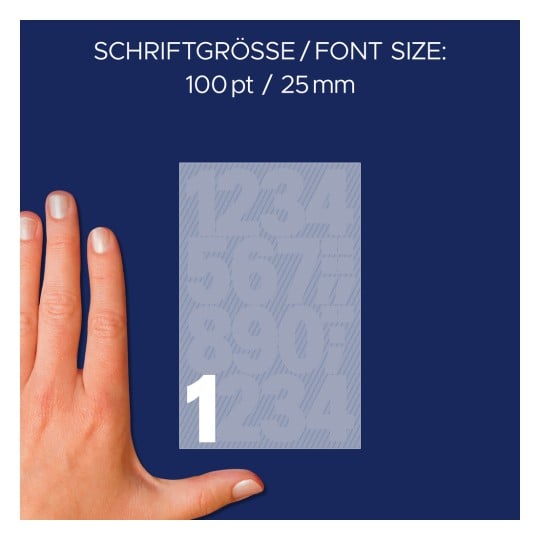 Storleksjämförelse med hand, artikel: 3787, ett ark med siffretiketter, format: 85 x 160 mm, färg: vit.