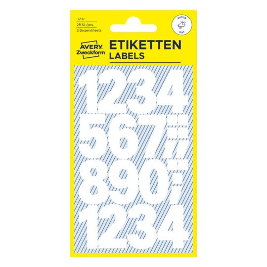 Förpackningsbild: Avery Zweckform Bokstäver och Siffror, Artikel: 3787, Format: 85 x 160 mm, Innehåll: 28 klistermärken / 2 ark, 14 klistermärken/ark.