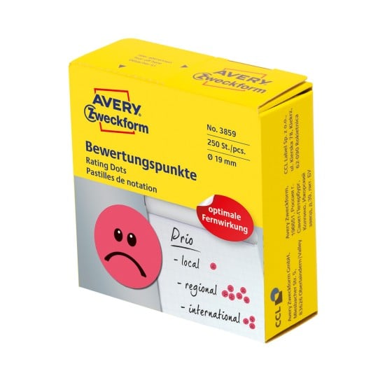 Förpackningsbild: Avery Zweckform Färgade markörpunkter, Artikel: 3859, Format: ⌀ 19 mm, Innehåll: 250 etiketter / 1 rulle, 250 etiketter/rulle?