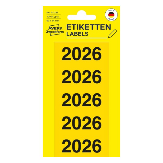 Förpackningsbild: Avery Zweckform pärmetiketter med årtal, artikel: 43-226, format: 60 x 24 mm, innehåll: 100 etiketter / 20 ark, 5 etiketter/ark.