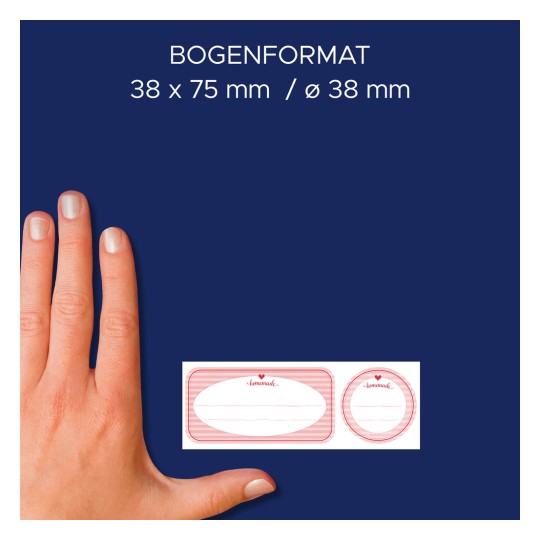 Storleksjämförelse med hand, artikel: 4381, ett ark med rulletiketter, format: ⌀ 38 mm, färg: aprikos, rosa, orange.