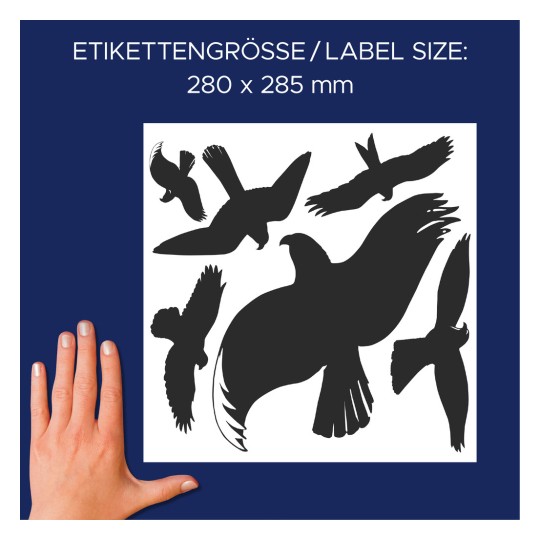 Storleksjämförelse med hand, artikel: 4485, ett ark varningfåglar klistermärken, format: 280 x 285 mm, färg: svart.