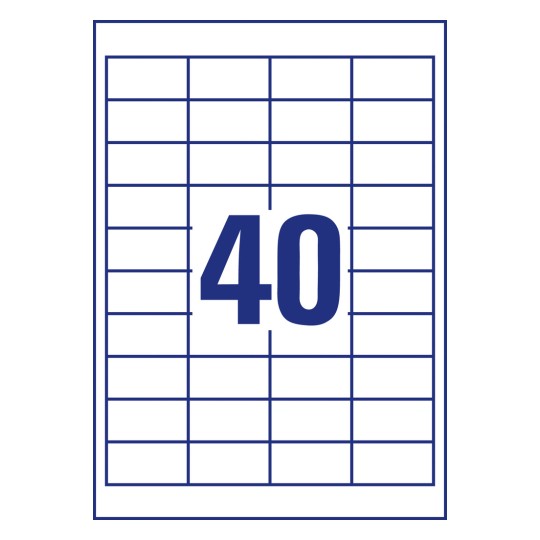 Stansritning enkelark A4, artikel: 4780-65, universaletiketter, format: 48,5 x 25,4 mm, 40 etiketter/ark.