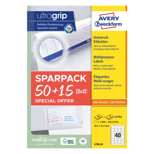 Förpackningsbild: Avery Zweckform Universaletiketter, permanent häftande, Artikel: 4780-65, Format: 48,5 x 25,4 mm, Tryckmöjlighet: Bläckstråleskrivare, Svart/vit laserskrivare, Färglaserskrivare, Innehåll: 2.600 etiketter / 65 ark, 40 etiketter/ark.