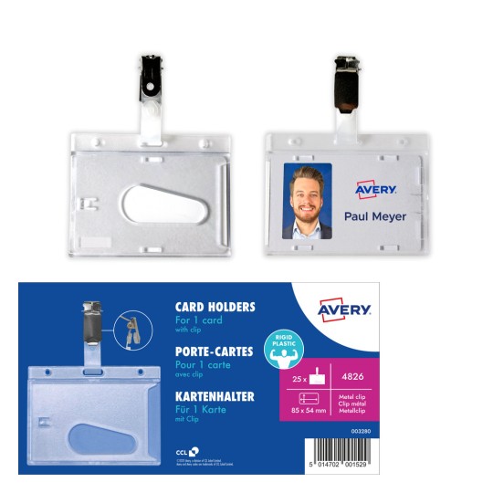 Bilden visar en klar plastkortshållare med ett klämma och ett exempel på ett kort med en persons foto och namn. Paketbeskrivningen och funktionerna för Avery-kortshållare är också synliga.