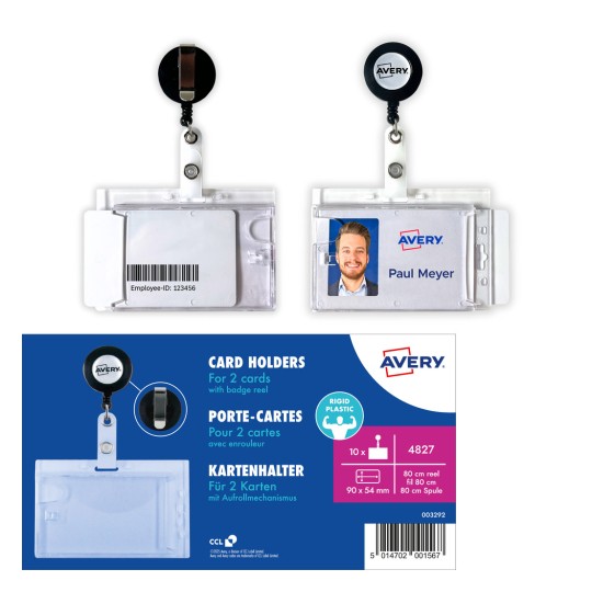 Bilden visar Avery-kortfodral för två kort med en korthållare med retur. Ett fodral visar ett namn, Paul Meyer, med ett foto, medan det andra har en streckkod och ett anställnings-ID.