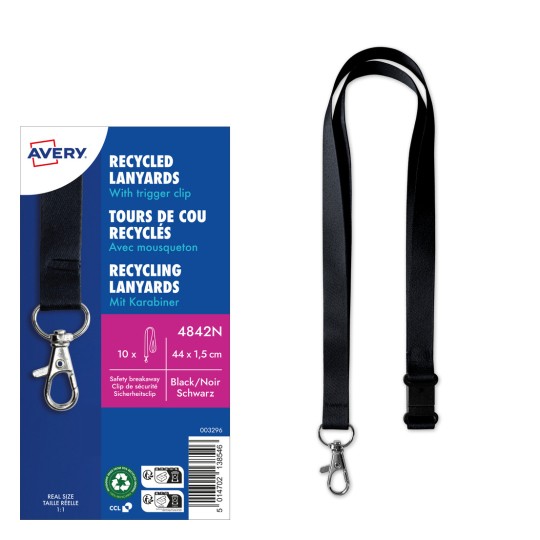 En bild som visar ett paket med återvunna nyckelband med en karbinhake, som lyfter fram produktens detaljer och specifikationer.