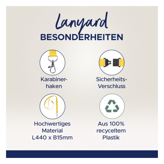 Bilden framhäver egenskaperna hos ett nyckelband, som visar en karbinhake, säkerhetsspänne, högkvalitativt material (L440 x B15mm) och att det är tillverkat av 100% återvunnen plast.
