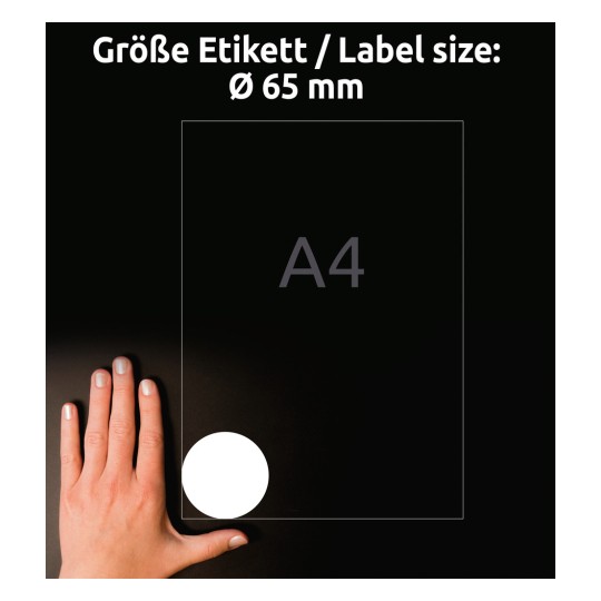 Storleksjämförelse med hand, Artikel: 5081, ett ark med runda etiketter, avtagbara, format: ⌀ 65 mm, färg: vit.