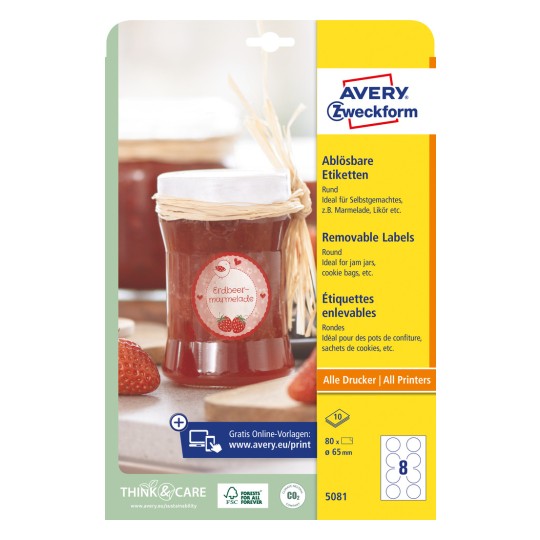 Förpackningsbild: Avery Zweckform Runda Etiketter, Artikel: 5081, Format: ⌀ 65 mm, Tryckmöjlighet: Bläckstråleskrivare, Laserskrivare svart/vit, Färglaser, Innehåll: 80 etiketter / 10 ark, 8 etiketter/ark.