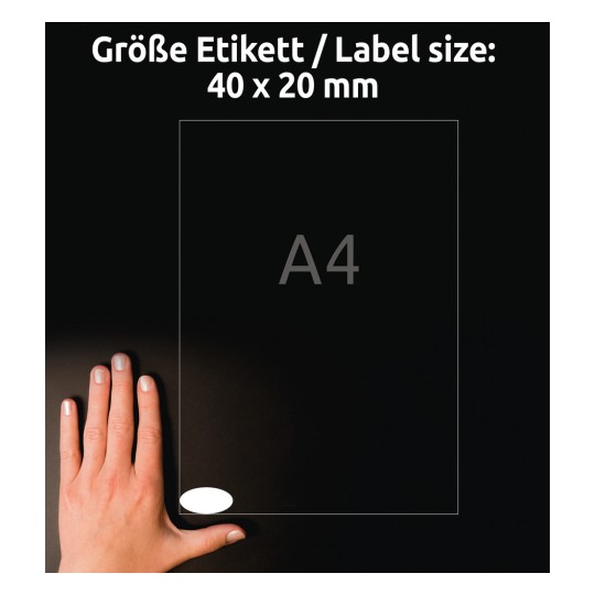 Storleksjämförelse med hand, artikel: 5086, ett ark ovala etiketter, avtagbara, format: 40 x 20 mm, färg: vit.