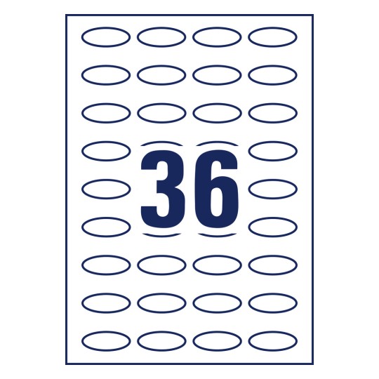Stansritning enkelark A4, Artikel: 5086, Ovala etiketter, avtagbara, Format: 40 x 20 mm, 36 etiketter/ark?