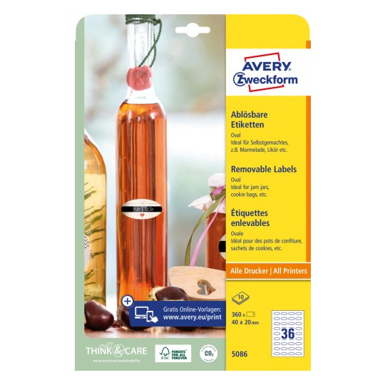 Förpackningsbild: Avery Zweckform Ovala etiketter, Artikel: 5086, Format: 40 x 20 mm, Skrivaranpassning: Bläckstråle, Laserskrivare svart/vit, Färglaser, Innehåll: 360 etiketter / 10 ark, 36 etiketter/ark.
