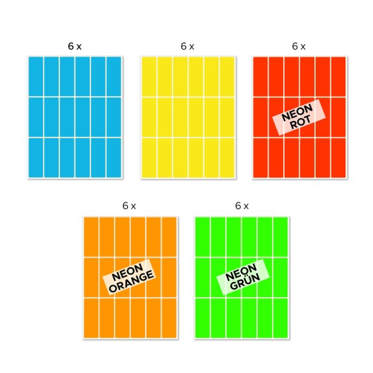 Avbildning av enkel ark, Artikel: 51047, Färgade etiketter, Format: 50 x 19 mm, 18 etiketter/ark.