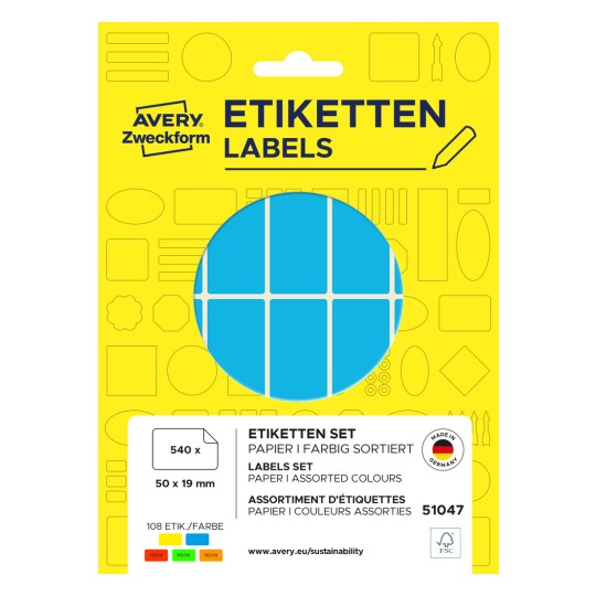 Förpackningsbild: Avery Zweckform Non A4 Universaletiketter för handskrivning, artikel: 51047, format: 50 x 19 mm, innehåll: 540 etiketter / 30 ark, 18 etiketter/ark?