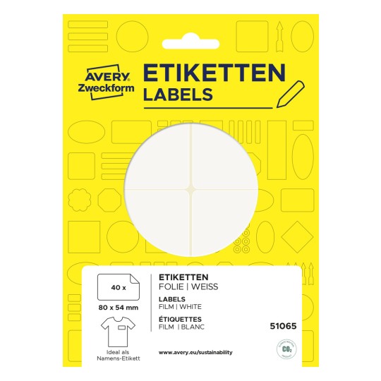 Förpackningsbild: Avery Zweckform, Artikel: 51065, Format: 80 x 54 mm, Innehåll: 40 etiketter / 10 ark.