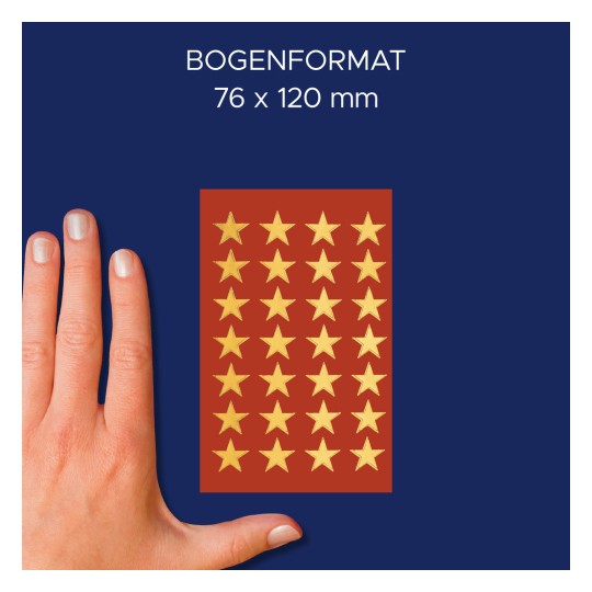 Storleksjämförelse med hand, artikel: 52800, ett ark julklistermärken, format: 85 x 160 mm, färg: guld.