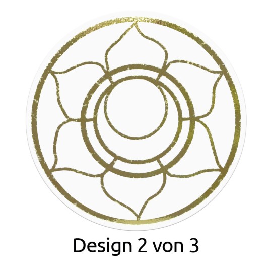Bilden visar en cirkulär design med ett blomliknande mönster i grönt. Den har en central cirkel omgiven av kronbladsliknande former och är märkt 'Design 2 von 3' längst ner.