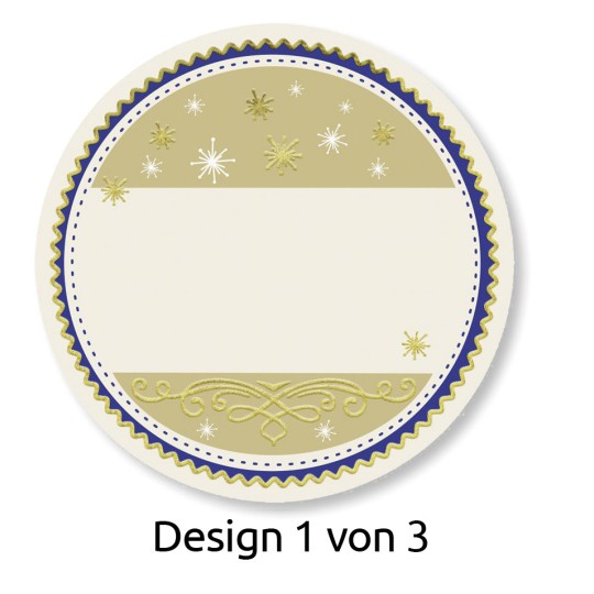 Bilden har en cirkulär design med ett grönt och blått färgschema. Den innehåller dekorativa element som snöflingor och utsmyckade linjer, med ett tomt utrymme i mitten för anpassning. Texten längst ner lyder 'Design 1 von 3'.