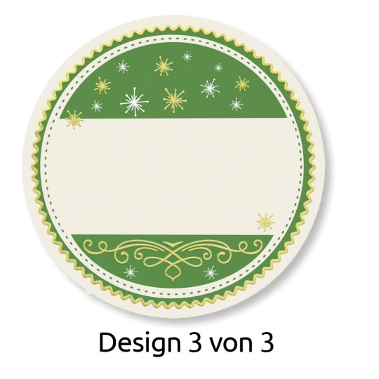 Bilden visar en rund etikett-design med en grön och krämfärgad färgskala. Den har dekorativa element som stjärnor och virvlar, och ett tomt utrymme i mitten för att skriva. Etiketten är märkt 'Design 3 von 3.'