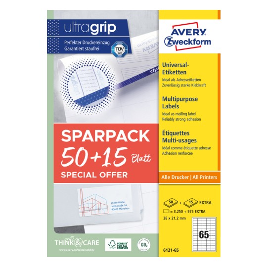Förpackningsbild: Avery Zweckform Universal-etiketter, permanent häftande, Artikel: 6121-65, Format: 38 x 21,2 mm, Tryckbarhet: Bläckstråle, Laserskrivare svart/vit, Färglaser, Innehåll: 4.225 etiketter / 65 ark, 65 etiketter/ark.
