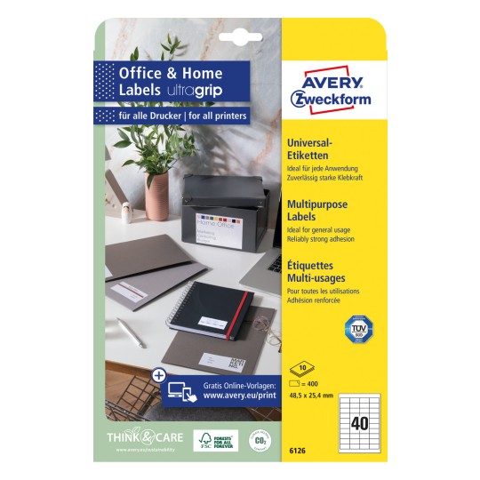 Förpackningsbild: Avery Zweckform Universaletiketter, permanent häftande, Artikel: 6126, Format: 48,5 x 25,4 mm, Skrivaranpassning: Bläckstråleskrivare, Laser s/v, Färg-laser, Innehåll: 400 etiketter / 10 ark, 40 etiketter/ark