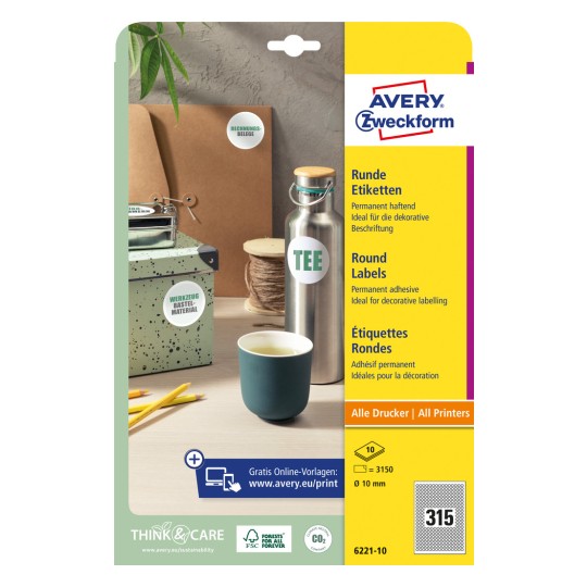 Förpackningsbild: Avery Zweckform Runda Etiketter, Artikel: 6221-10, Format: ⌀ 10 mm, Lämplighet för utskrift: Bläckstråleskrivare, svartvit laserskrivare, färglaserskrivare, Innehåll: 3 150 etiketter / 10 ark, 315 etiketter/ark