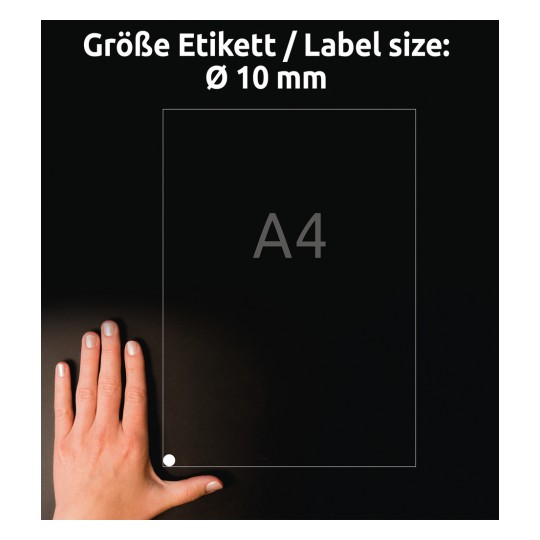 Storleksjämförelse med hand, Artikel: 6221REV-10, ett ark runda etiketter, avtagbara, format: ⌀ 10 mm, färg: vit.