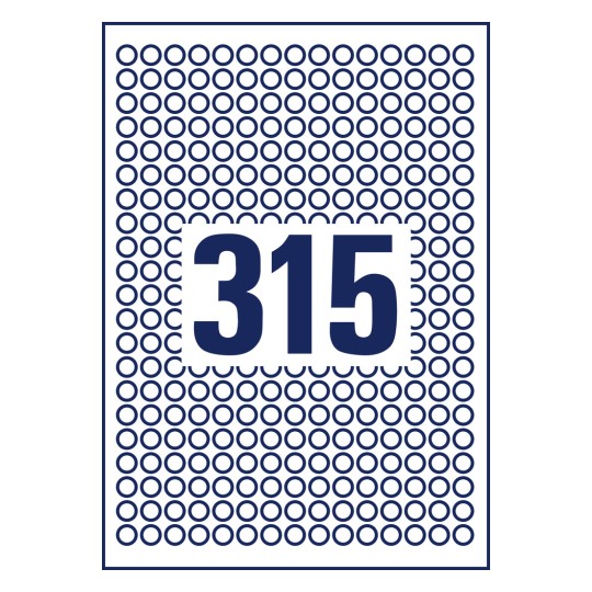Stansritning Enkelark A4, Artikel: 6221REV-10, Runda etiketter, avtagbara, Format: ⌀ 10 mm, 315 etiketter/ark?