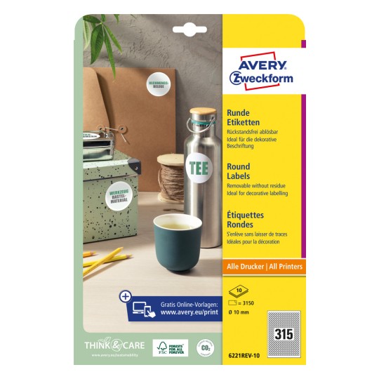Förpackningsbild: Avery Zweckform Runda etiketter, Artikel: 6221REV-10, Format: ⌀ 10 mm, Skrivarkompatibilitet: Bläckstråle, Svartvit laser, Färglaser, Innehåll: 3 150 etiketter / 10 ark, 315 etiketter/ark.