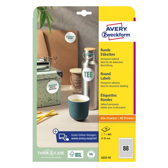 Förpackningsbild: Avery Zweckform Runda Etiketter, Artikel: 6222-10, Format: ⌀ 20 mm, Utskriftskompatibilitet: Bläckstråleskrivare, svartvit laserskrivare, färglaserskrivare, Innehåll: 880 etiketter / 10 ark, 88 etiketter/ark