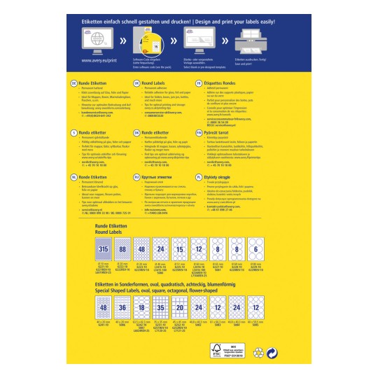 Bilden visar en guide för att designa och skriva ut olika typer av etiketter, inklusive runda och specialformade etiketter. Den innehåller instruktioner, mått och kontaktinformation på flera språk.