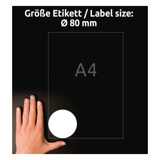Storleksjämförelse med hand, Artikel: 6229-10, ett ark med runda etiketter, Format: ⌀ 80 mm, Färg: Vit?