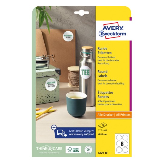 Förpackningsbild: Avery Zweckform Runda Etiketter, Artikel: 6229-10, Format: ⌀ 80 mm, Skrivarförmåga: Bläckstråle, Svartvit laser, Färgslaser, Innehåll: 60 etiketter / 10 ark, 6 etiketter/ark.