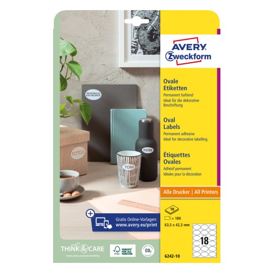 Förpackningsbild: Avery Zweckform Ovala Etiketter, Artikel: 6242-10, Storlek: 63,5 x 42,3 mm, Utskriftslämplighet: Bläckstråleskrivare, svartvit laserskrivare, färglaserskrivare, Innehåll: 180 etiketter / 10 ark, 18 etiketter/ark.