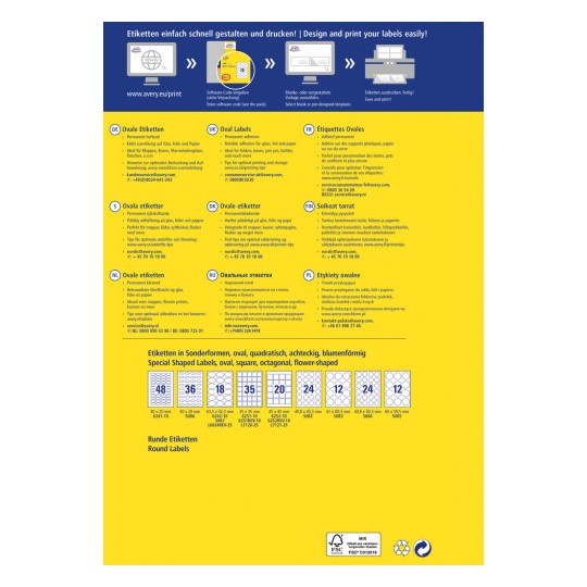 Bilden visar en etikettutformningsguide från Avery, med olika typer av etiketter inklusive ovala, fyrkantiga, åttkantiga och blomformade etiketter tillsammans med utskriftsinstruktioner på flera språk.