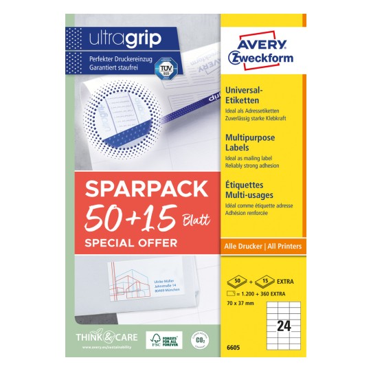Förpackningsbild: Avery Zweckform Universaletiketter, permanent häftande, Artikel: 6605, Format: 70 x 37 mm, Skrivare anpassning: Inkjet, Laser svart/vit, Färglaser, Innehåll: 1.560 etiketter / 65 ark, 24 etiketter/ark