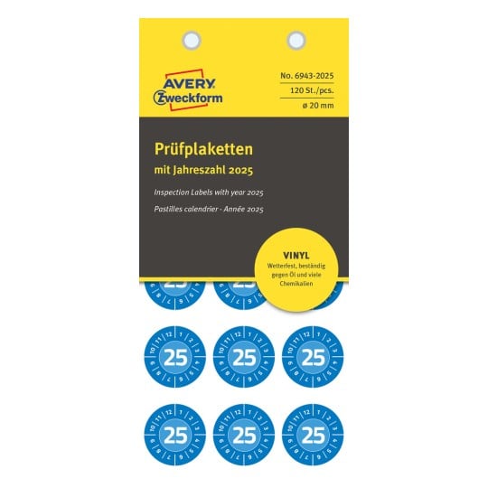 Förpackningsbild: Avery Zweckform Non A4 Inspektionsetiketter, Artikel: 6943-2025, Format: ⌀ 20 mm, Innehåll: 120 inspektionsetiketter / 8 ark, 15 inspektionsetiketter/ark.