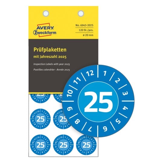 Förpackningsbild med kontrollmärke: Avery Zweckform kontrollmärken, Artikel: 6943-2025, Format: ⌀ 20 mm, Innehåll: 120 kontrollmärken / 8 ark, 15 kontrollmärken/ark.