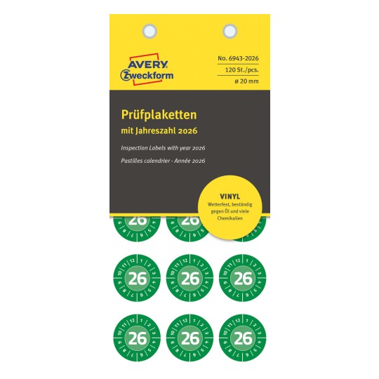 Förpackningsbild: Avery Zweckform Non A4 Kontrollmärken, Artikel: 6943-2026, Format: Ø 20 mm, Innehåll: 120 Kontrollmärken / 8 ark, 15 Kontrollmärken/ark.