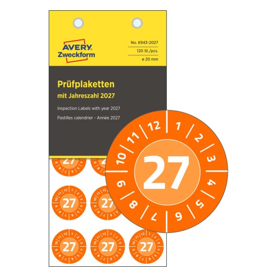 Förpackningsbild med kontrollmärke: Avery Zweckform kontrollmärken, Artikel: 6943-2027, Format: ⌀ 20 mm, Innehåll: 120 kontrollmärken / 8 ark, 15 kontrollmärken/ark.
