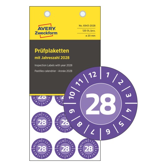 Bilden visar ett paket med inspektionsetiketter märkta för år 2028, med runda etiketter som visar siffran 28 i lila och en grå bakgrund.