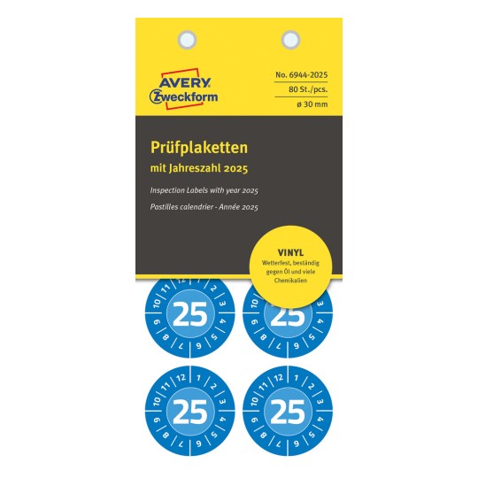 Förpackningsbild: Avery Zweckform Non A4 Inspektionsetiketter, Artikel: 6944-2025, Format: ⌀ 30 mm, Innehåll: 80 inspektionsetiketter / 10 ark, 8 inspektionsetiketter/ark.