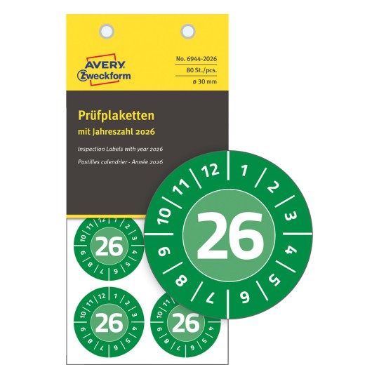 Förpackningsbild med kontrollsticker: Avery Zweckform kontrollstickers, artikel: 6944-2026, format: ⌀ 30 mm, innehåll: 80 kontrollstickers / 10 ark, 8 kontrollstickers/ark?